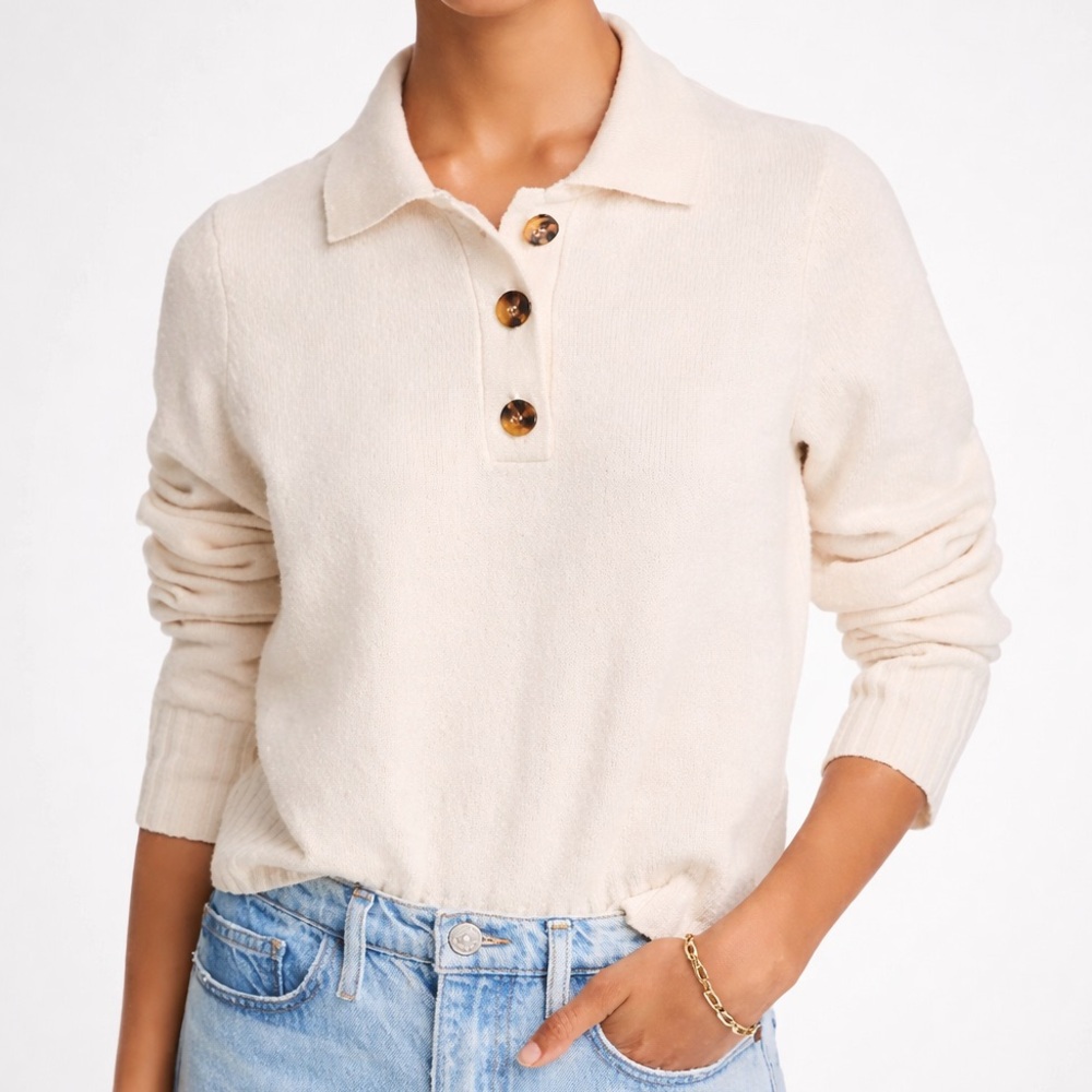 🆕 French Connection Cream Knit Polo Sweater Button Front Soft Stretchy Size S - Picture 1 of 15
